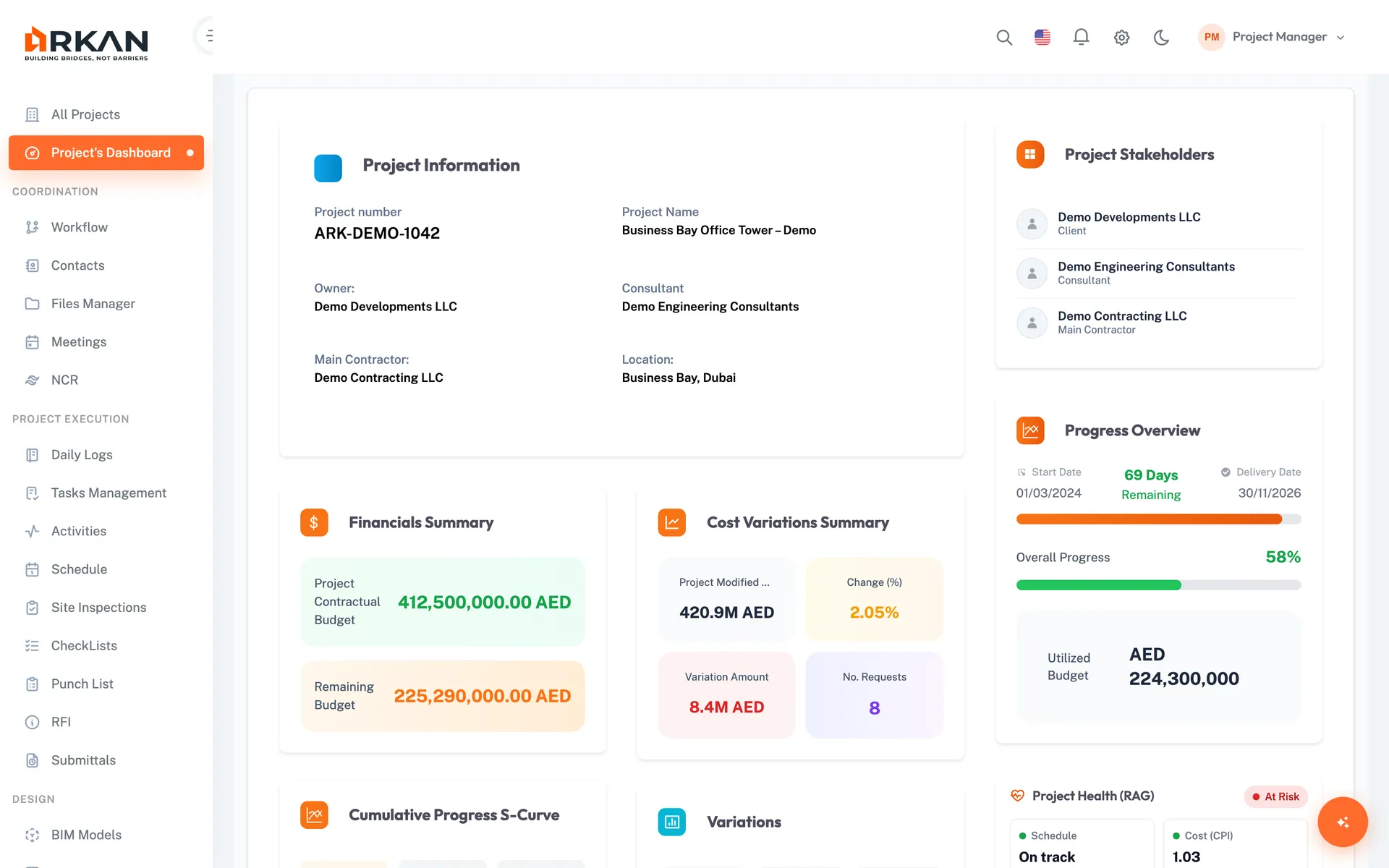 Arkan project dashboard showing project information, financial summary, cumulative progress S-curve and cost variations